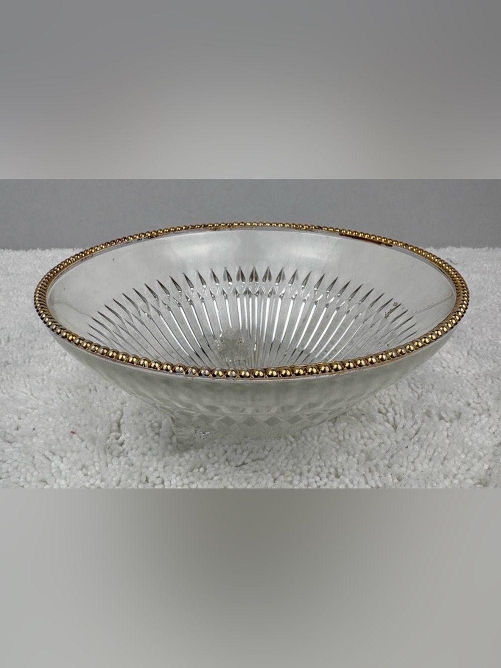 Vintage Jeannette Glass Co. Three-Footed Bowl which Features a Ribbed Design
